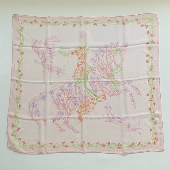 Hermes Scarf Cheval Fleuri H.d’Origny 90 cm Chiffon Silk mousseline - Picture 11 of 11